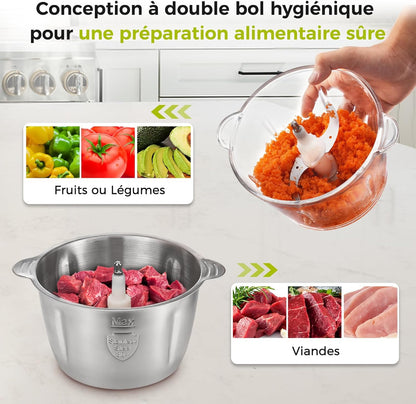 Hachoir Électrique 1,8L+2L, Robot de Cuisine avec Récipients en Verre et en Acier Inoxydable