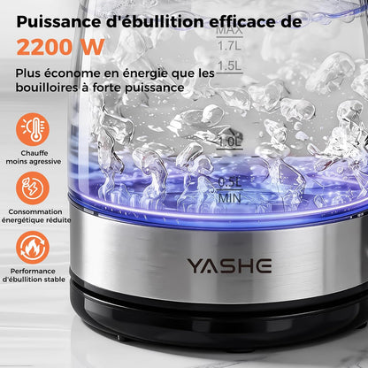 Bouilloire Électrique en Verre 1,7L, 2200W Ébullition Rapide avec LED Bleue