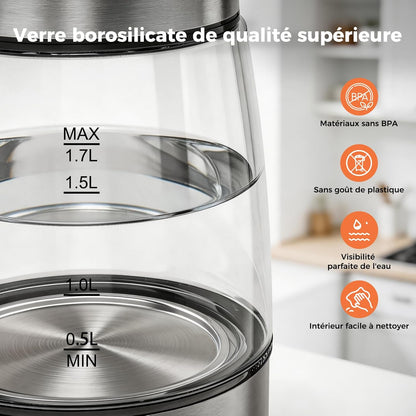 Bouilloire Électrique en Verre 1,7L, 2200W Ébullition Rapide avec LED Bleue