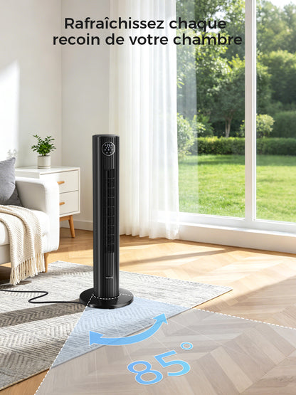 Ventilateur Tour Oscillant  - 3 Vitesses & Modes - Minuterie 12H - Télécommande - Noir