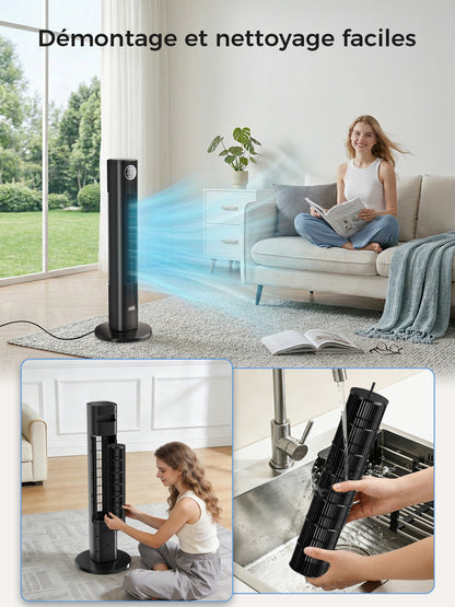 Ventilateur Tour Oscillant  - 3 Vitesses & Modes - Minuterie 12H - Télécommande - Noir