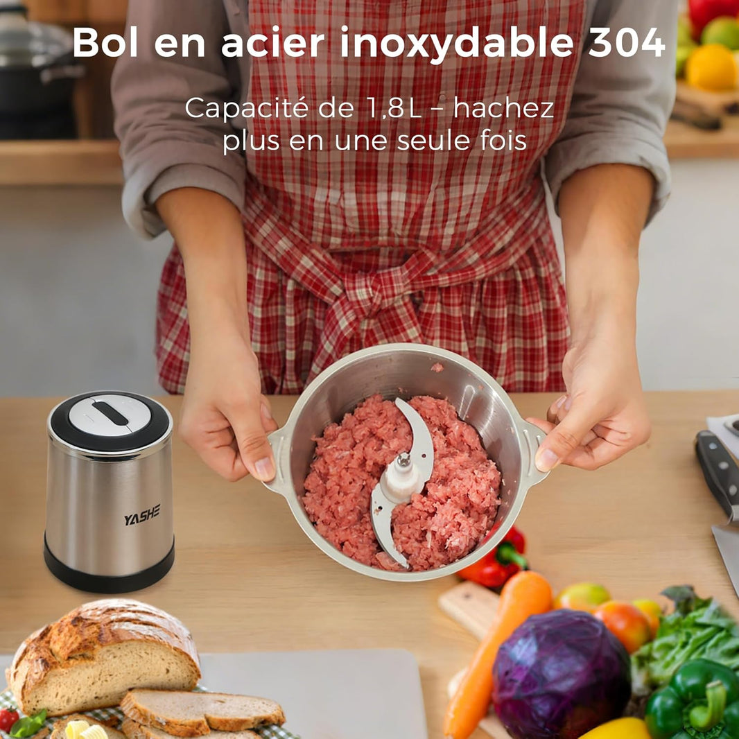 Hachoir Électrique 500W, Robot de Cuisine avec Bol en Acier Inoxydable 1,8L