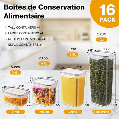 16 Boîtes Alimentaires en Plastique Sans BPA avec Couvercles