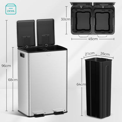 Poubelle à Double Compartiment avec Couvercle, 2x30L