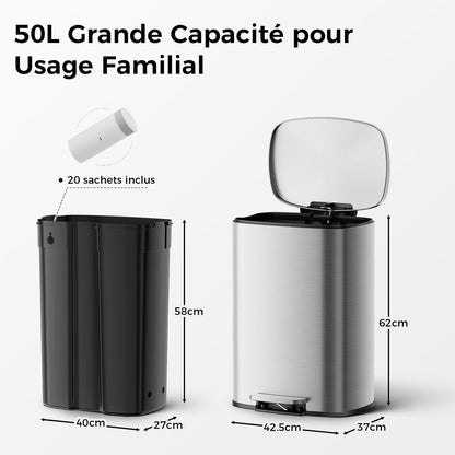 Pattumiera da Cucina 50L, Grande Pattumiera Rettangolare con 20 Sacchi