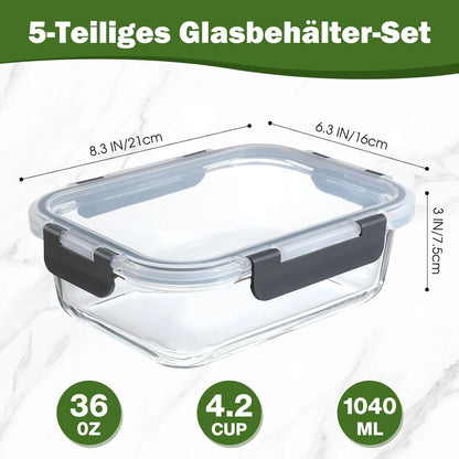 Set di 5 contenitori per il pranzo in vetro riutilizzabili, senza BPA