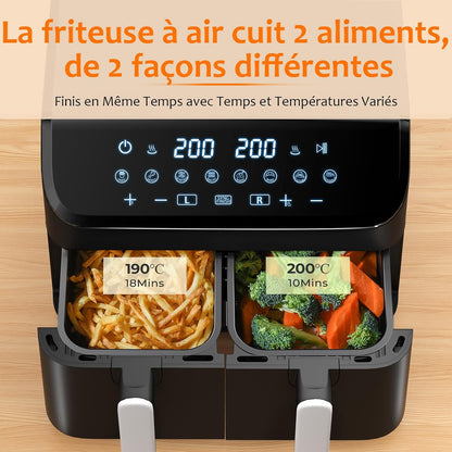 Friggitrice ad Aria 2 Scomparti, Friggitrice Senza Olio da 9L con 2 Cestelli