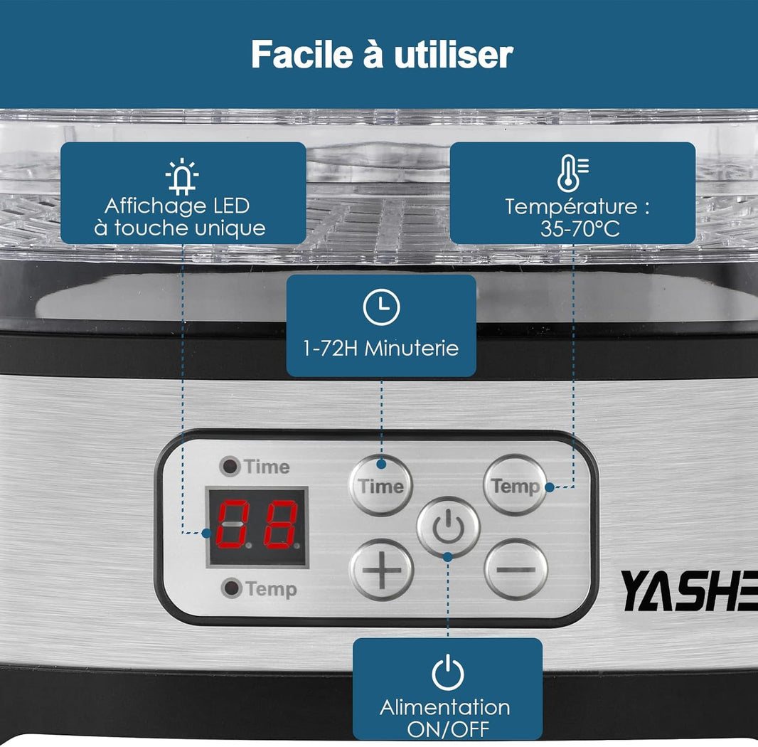 Déshydrateur Alimentaire, Contrôle de Température de 35 à 70°C et Minuterie de 72 Heures