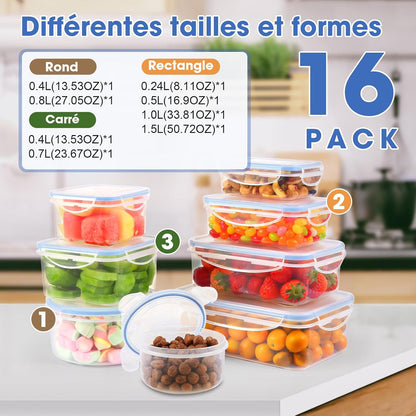 Set di Contenitori per Alimenti, 16 Pezzi (8 contenitori, 8 coperchi)