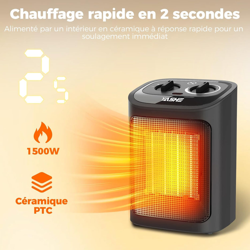 Radiateur Electrique PTC 1500W, Mode Éco, 3 Niveaux