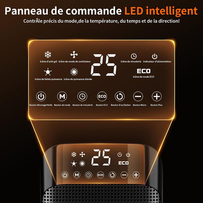 Chauffage d'appoint 1800W, Radiateur électrique en céramique PTC avec thermostat, minuterie 24h, télécommande