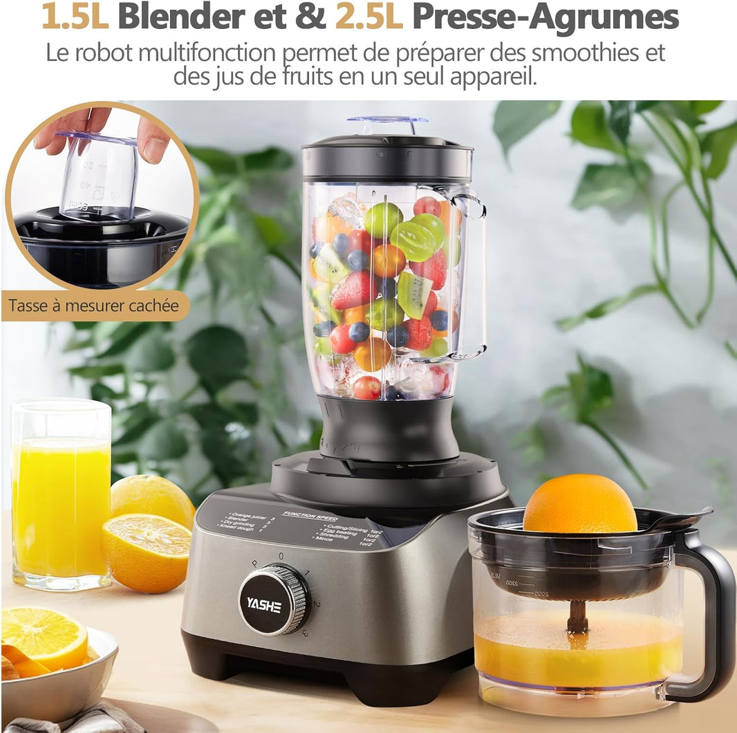 Robot Cuisine Multifonctions, 2,5L Bol & 1,5L Jarre, Mixeur, Grinder, Extracteur de Jus