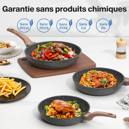 Ensemble de poêles antiadhésives, 3 pièces – Poêles en granit de 20/24/28 cm,sans PFOA