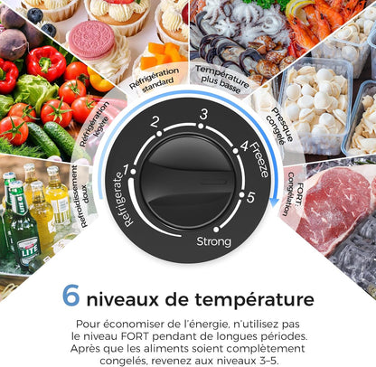 Congélateur coffre 150L, pose libre, Noir | 2 paniers amovibles, 6 niveaux de température, faible consommation d'énergie et fonctionnement silencieux de 45 dB