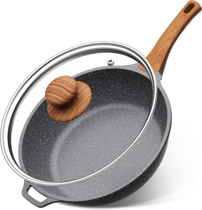 Poêle haute avec couvercle – Poêle antiadhésive en granit, compatible induction