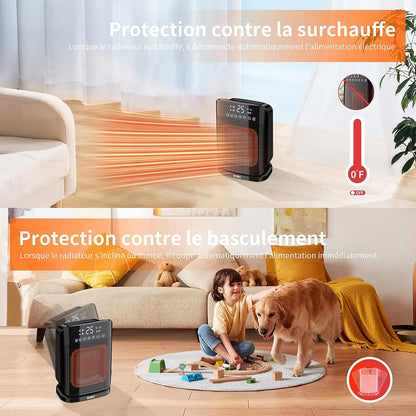 Chauffage d'appoint 1800W, Radiateur électrique en céramique PTC avec thermostat, minuterie 24h, télécommande