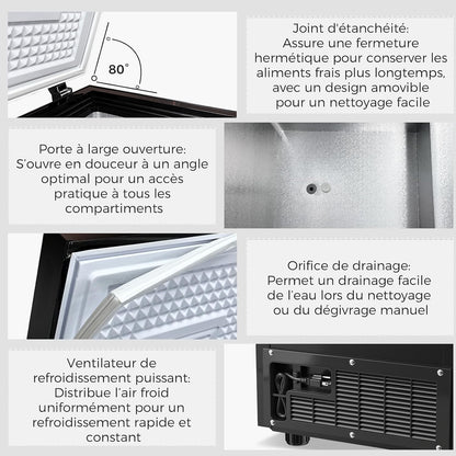 Congélateur coffre 150L, pose libre, Noir | 2 paniers amovibles, 6 niveaux de température, faible consommation d'énergie et fonctionnement silencieux de 45 dB