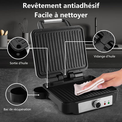Grille Électrique à Viande, 4 Tranches de Grill Panini avec Plaques Revêtues Antiadhésives