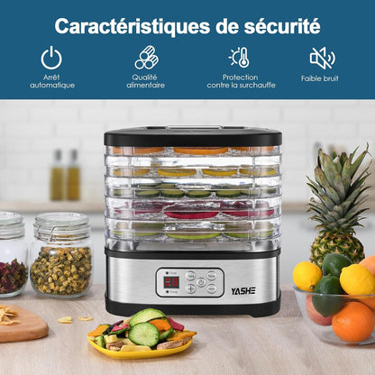 Déshydrateur Alimentaire, Contrôle de Température de 35 à 70°C et Minuterie de 72 Heures