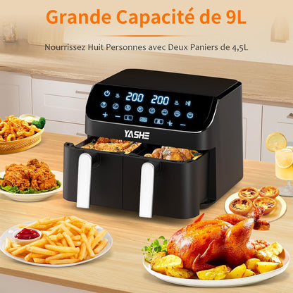 Friggitrice ad Aria 2 Scomparti, Friggitrice Senza Olio da 9L con 2 Cestelli