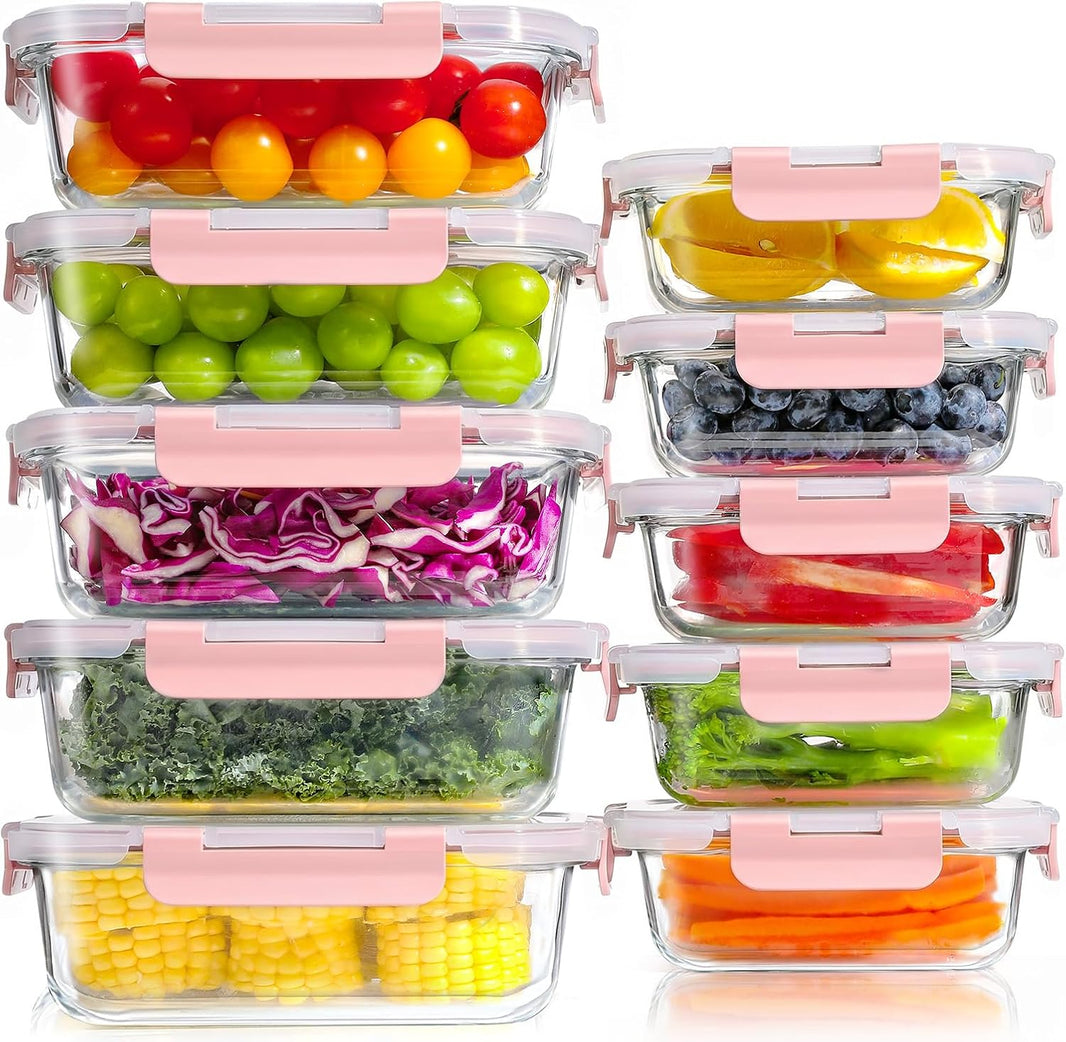 Set di 10 contenitori per il pranzo in vetro riutilizzabili, senza BPA