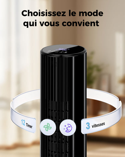 Ventilateur tour silencieux , 3 vitesses-oscillation- minuterie-mode nuit-télécommande-afficheur LED éteignable